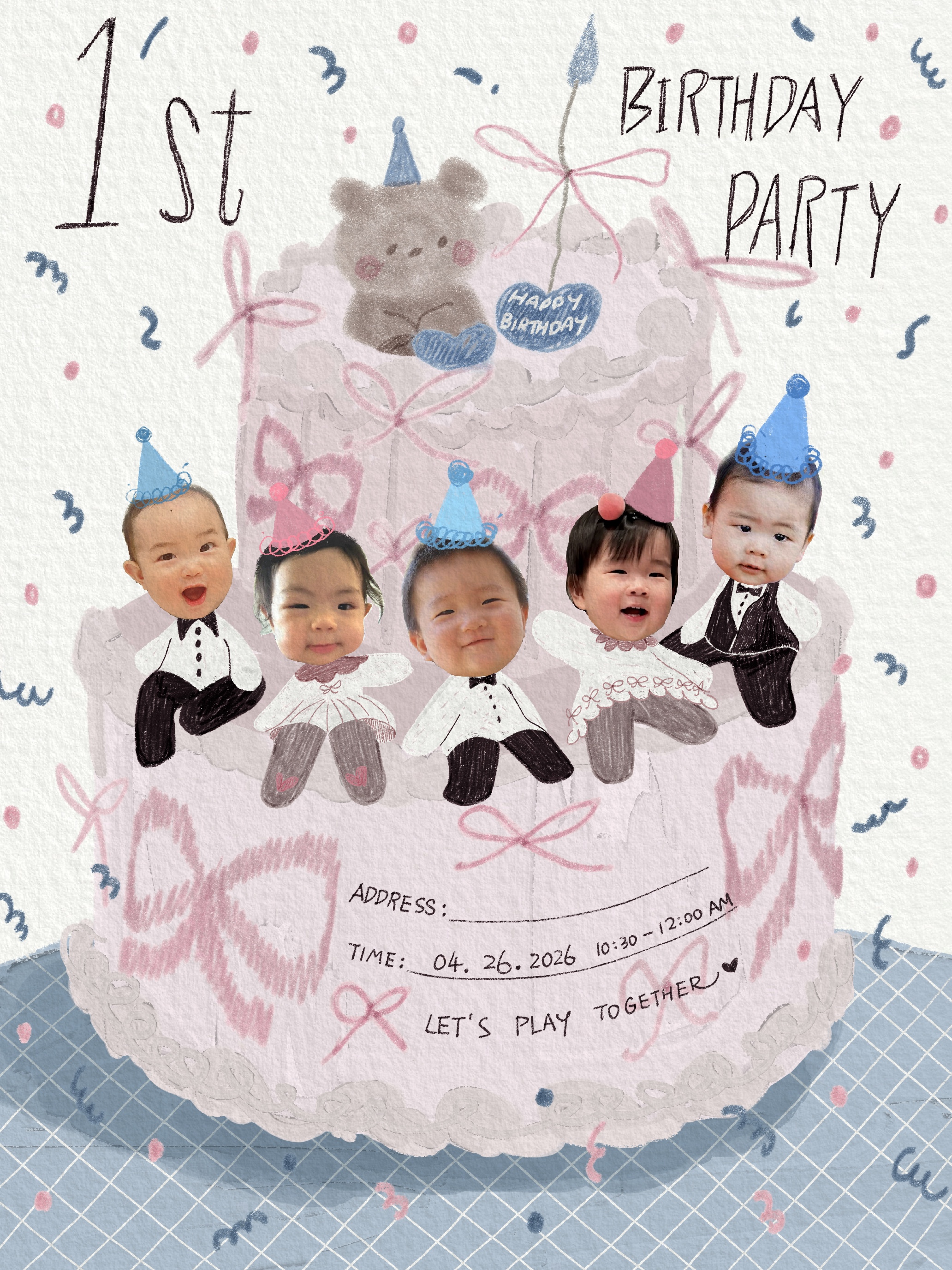 Our adorable birthday babies on a cake!